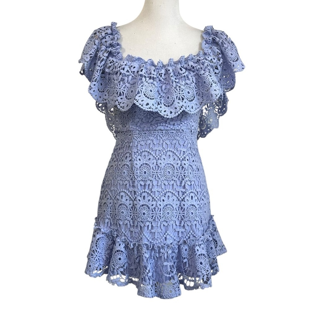 Saint & Sinners Womens Lace Ruffle Mini Dress Size XS Blue Off The Shoulder